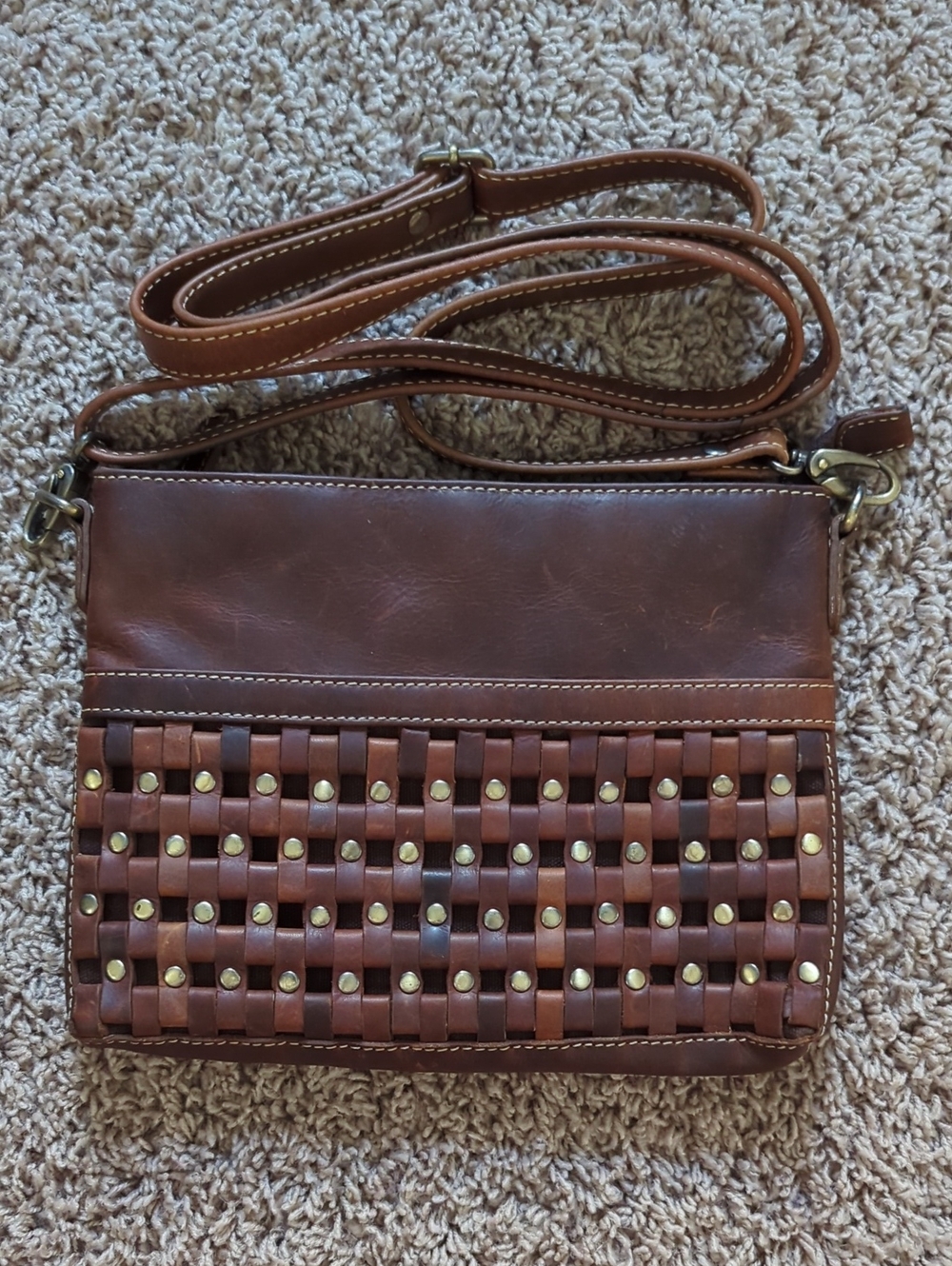 Woven Studded Brown Leather Crossbody Bag